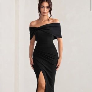 BLACK BARDOT BOW DETAIL MAXI DRESS WITH THIGH SPLIT